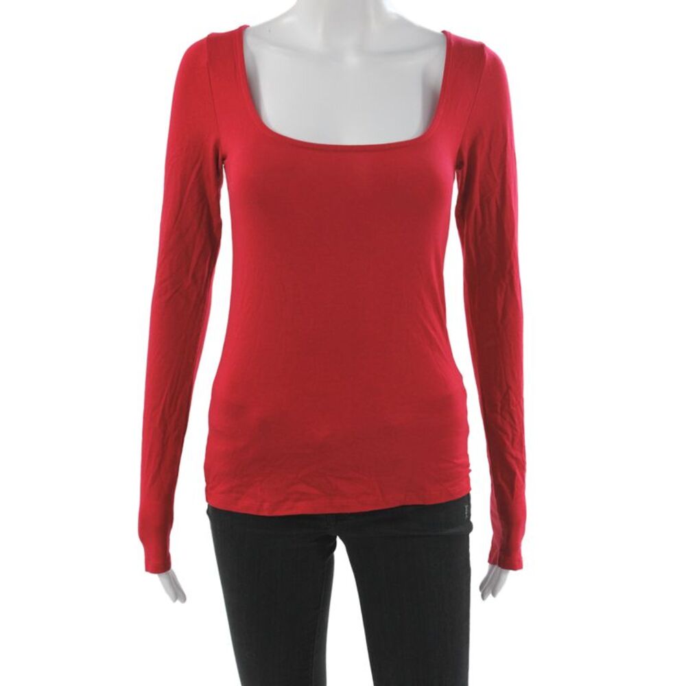 Marcella Womens Basic Red Square Neck Long Sleeve T-Shirt Tencel Size S